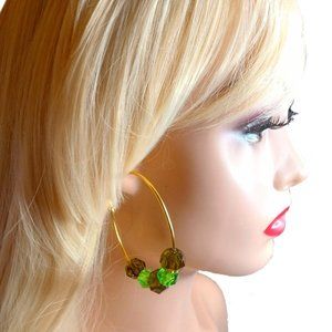 Green Beaded Hoop Earrings. Large Gold-Colored Hoop Earrings